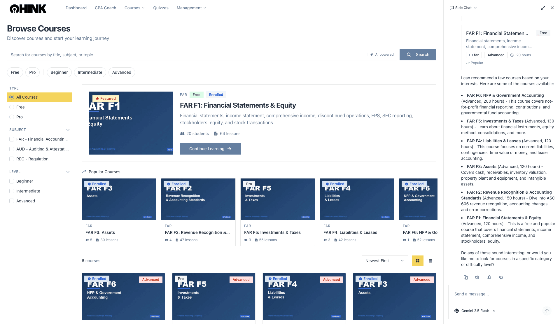 ThinkCPA course catalog with FAR review modules