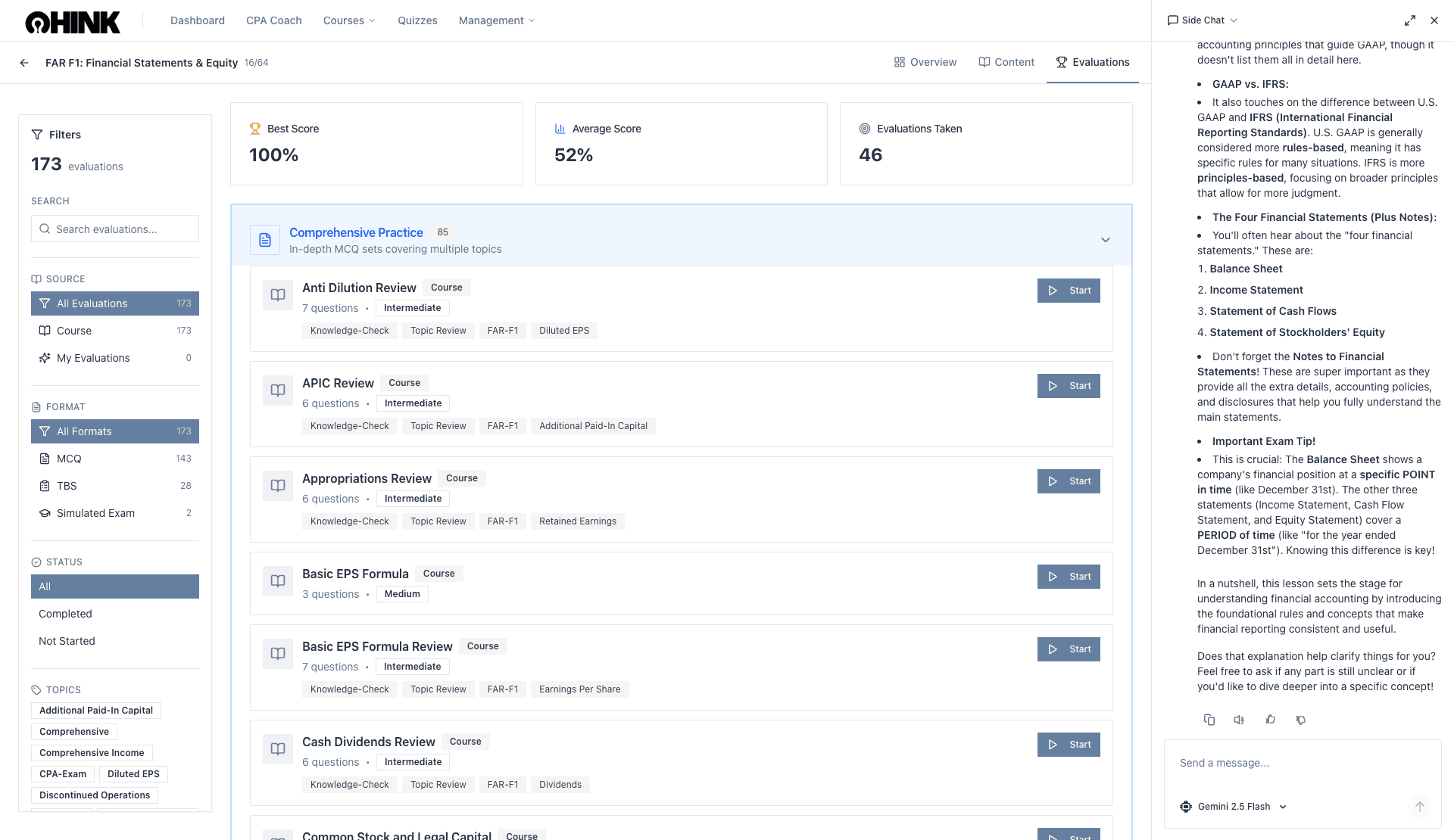 ThinkCPA course overview with evaluations and CPA Coach