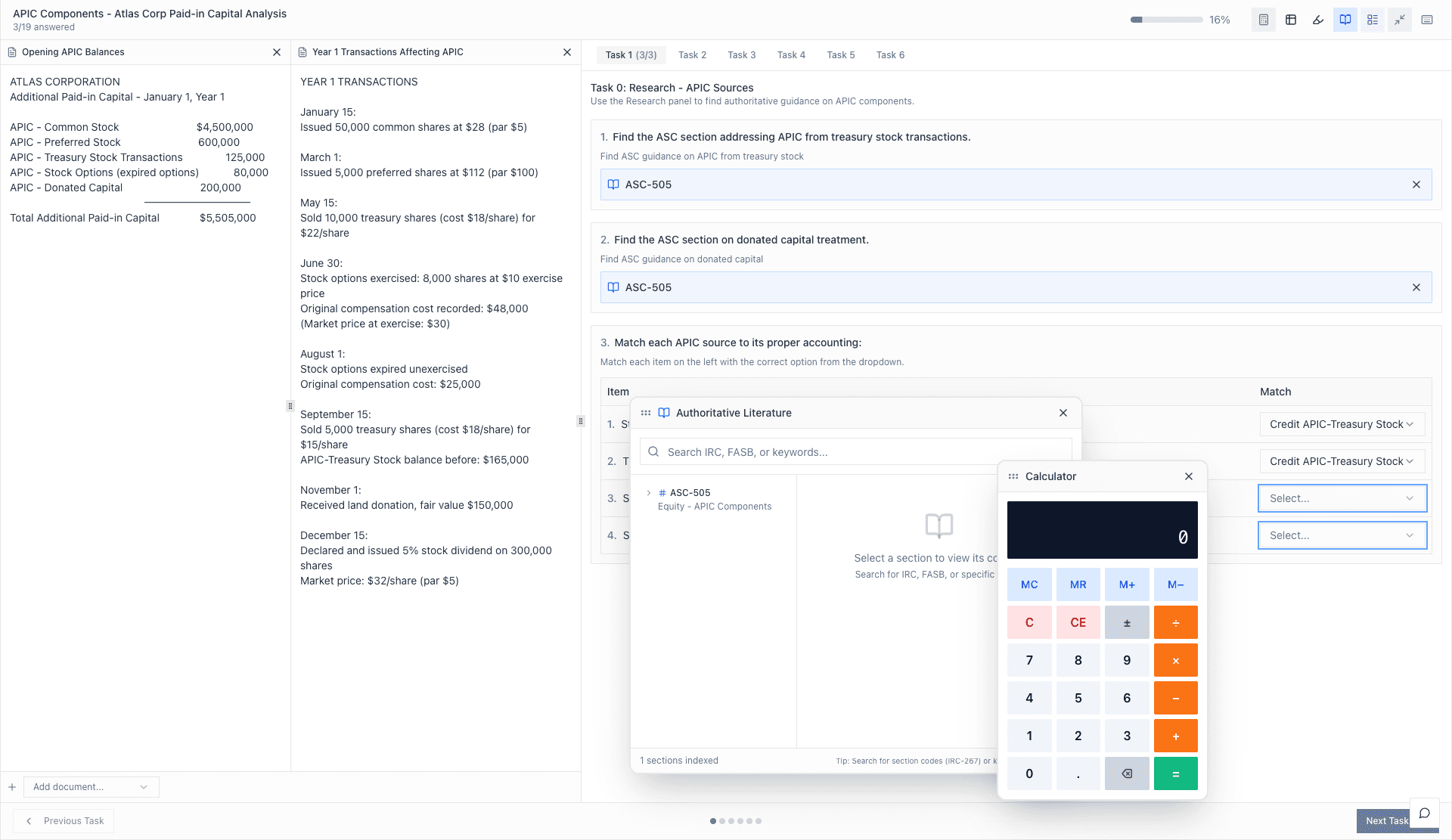 ThinkCPA task-based simulation with calculator and research tools